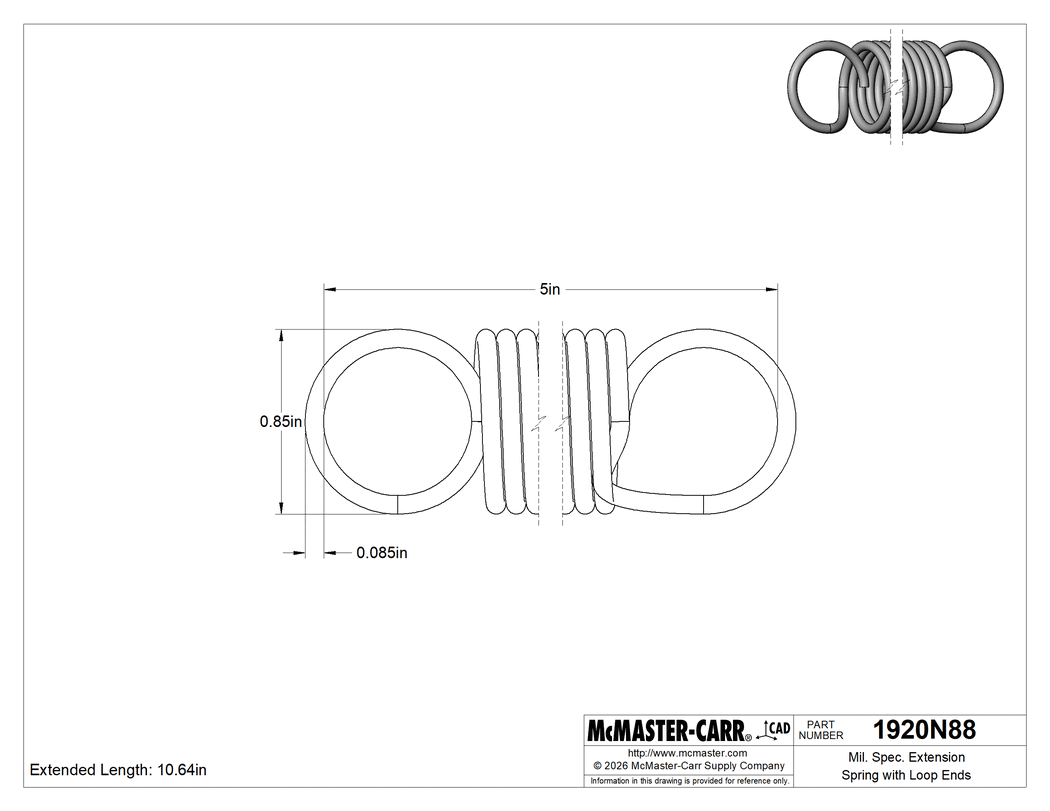 Technical Drawing of Mil. Spec. Extension Spring with Loop Ends, 5" Long, 0.850" OD, 0.085" Wire Diameter.